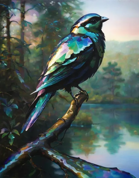 A sculpture of a bird made of iridescent oil slick. The bird is perched on a tree branch in a forest. The forest is surrounded by a body of water. The water is reflecting the iridescent colors of the bird and the trees.