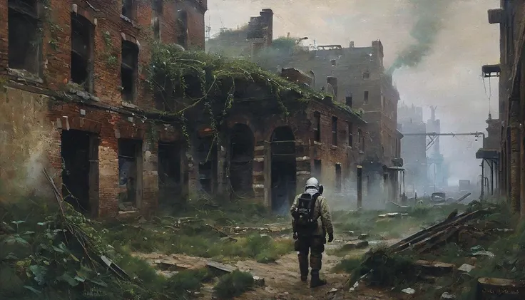 A highly detailed oil painting portraying an abandoned, post-apocalyptic city. Vines entwine buildings, while a lone figure in a hazmat suit and gas mask ventures through dense fog. The artist's skillful execution and attention to intricacy evoke the styles of Caspar David Friedrich and J.M.W. Turner, offering a mesmerizing visual journey. The painting depicts a cityscape that was once bustling with life, now reduced to ruins. The buildings are crumbling, and the streets are overgrown with vegetation. The figure in the foreground is small, but their presence is felt. They are a solitary figure, a survivor in a world that has been destroyed. The fog adds to the eerie atmosphere, making it difficult to see what lies ahead. The painting is a haunting and poignant portrayal of a world that has been lost, but also a testament to the resilience of the human spirit.