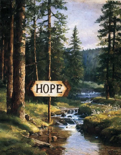 A sign that says "Hope" set in a rustic wooden frame. The sign is hanging on a wooden post in a forest with tall trees and a stream running through it.