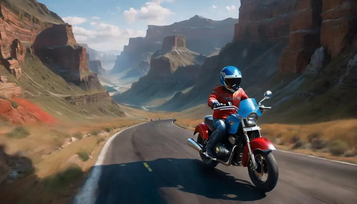 A cute teddy bear wearing a red shirt and a blue helmet is riding a motorcycle on a wide road through an atmospheric view of a ground canyon. The ground canyon has intricate details and is immersive. There are trailing stunt planes flying narrowly by. The teddy bear is surrounded by digital art that is extremely detailed and mixed with Unreal Engine.