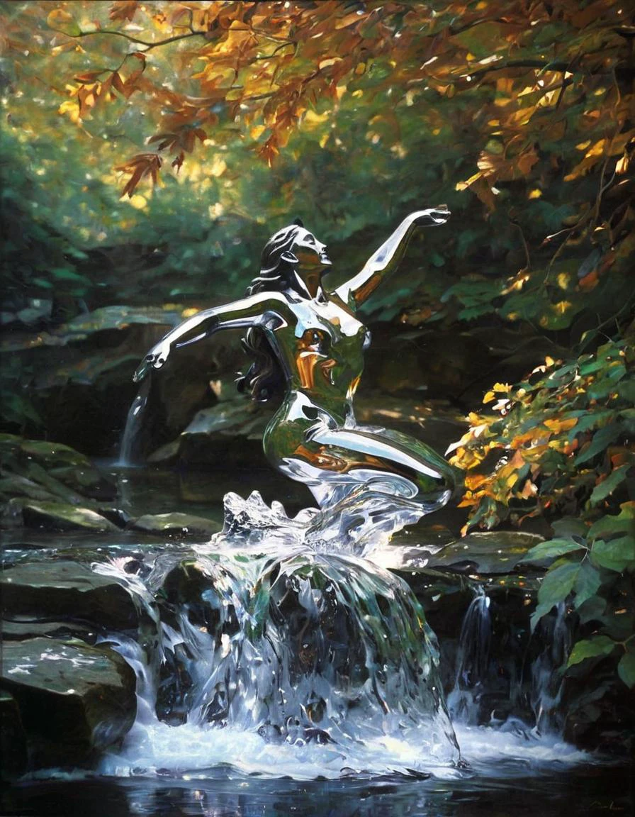 A dynamic figure made of water, captured in a fluid motion against a backdrop of dark foliage. The figure's form is clear and reflective, with light bending and shimmering through its translucent structure. It is portrayed in a leaping or dancing pose, with one arm gracefully extended upwards and the head tilted back, suggesting a moment of exuberance or release. The background is a blur of autumnal colors, creating a stark contrast with the clarity and brightness of the figure. The water figure is leaping through a waterfall, with water cascading down around it. The waterfall is surrounded by lush greenery, with leaves and vines trailing down the rocks. The water figure's movements are fluid and graceful, as if it is dancing to an unheard melody.