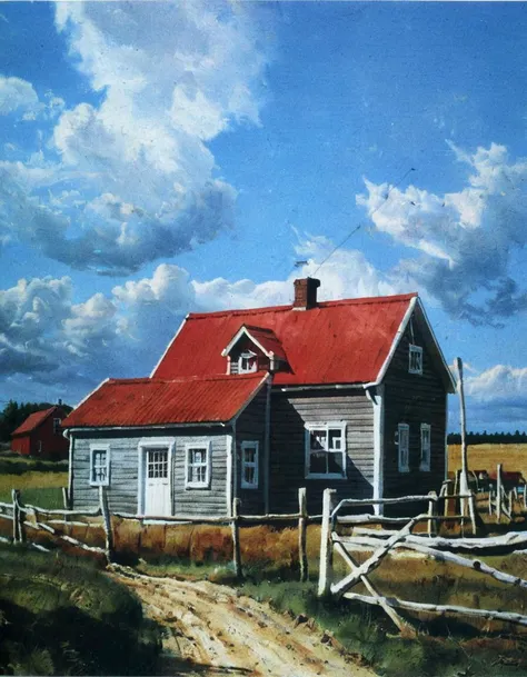 A farm scene with a house and a fence. The house is a wooden cabin with a red roof. The fence is made of wooden planks. The sky is blue with fluffy white clouds. The scene is captured on an analog film camera, giving it a nostalgic, analog style, and the photograph is presented in an analog style.