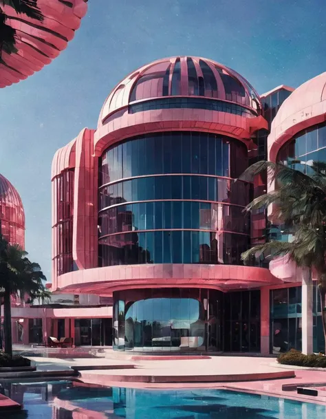 A futuristic building with karo and brutalist design elements. The building is surrounded by a bubble-filled atmosphere. The building has a flamingo color palette. The building is located in a city with a retro-futuristic aesthetic.