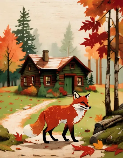 A hand-drawn animation of a fox walking through a forest in autumn. The leaves are changing colors and there is moss on the ground. The fox is wearing a red scarf and a hat. The background is a rustic cabin with a chimney smoking. The color palette is moss green with pops of orange and red.