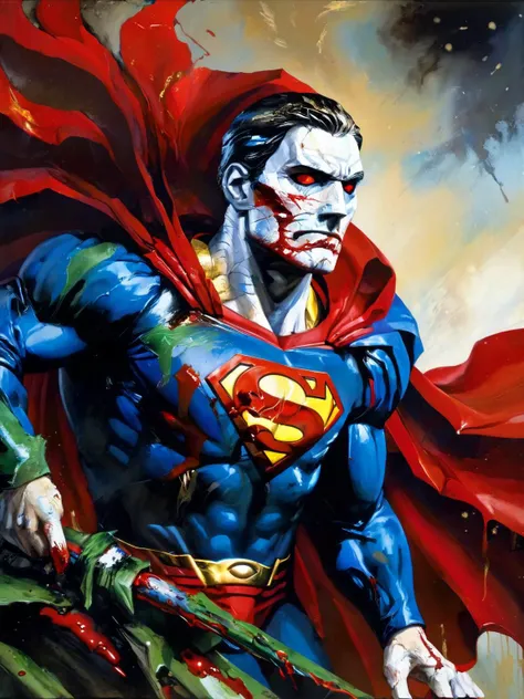 Horror-themed painting (medium) cbarkerai,I stand amazed by the visionary genius of the artist,the exacting precision of every brush stroke making the canvas come alive with awe inspiring visuals,((superman lying in blood)),superman's final breath as he succumbs to death,the artist mourns the life of a fallen hero,the death of virtuous defender by the forces of evil,a study of dark shades and brilliant colors,superman's eyes plead with the viewer to release him from pain,intricate brush strokes bringing the subject off the canvas to the viewer's eyes,8K imagery,nightmarish city in an evil universe,intricate brush strokes bringing the subject off the canvas to the viewer's eyes,8K imagery,deep shadows and bold colors combine to provide a painting that appear to come alive,asymmetrical,dynamic angle,one protagonist,Thorough,analog style,female focus,highest quality,(highly detailed skin),perfect face,skin pores,(bokeh:0.6),sharp focus,dappled lighting,(backlighting:0.7),film grain,photographed on a Sony A7R IV,18mm F/1.7 cine lens,(highly detailed, intricately detailed),8k,HDR,front view,(full body visible:1.2) . Eerie,unsettling,dark,spooky,suspenseful,grim,highly detailed,<lora:CBarkerAIXL:1>, horror (theme) cbarkerai, . Eerie, unsettling, dark, spooky, suspenseful, grim, highly detailed
