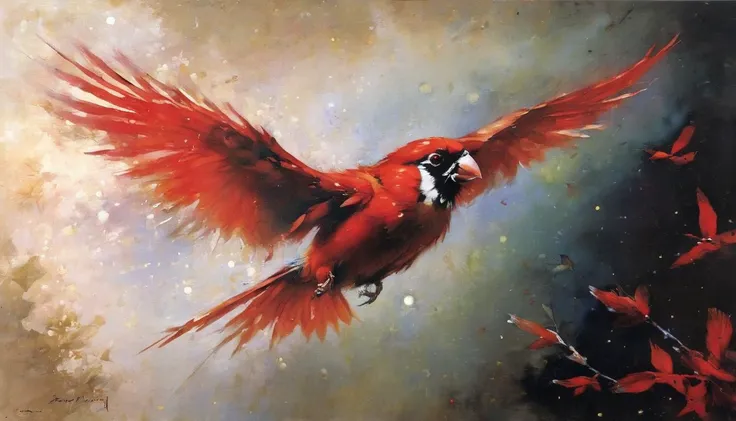 A painting of a bird flying through space. The bird is a red cardinal. The painting is signed by John Singer Sargent and Jeremy Mann. The painting is hanging on a wall in a modern art gallery. There are other paintings and sculptures in the gallery.