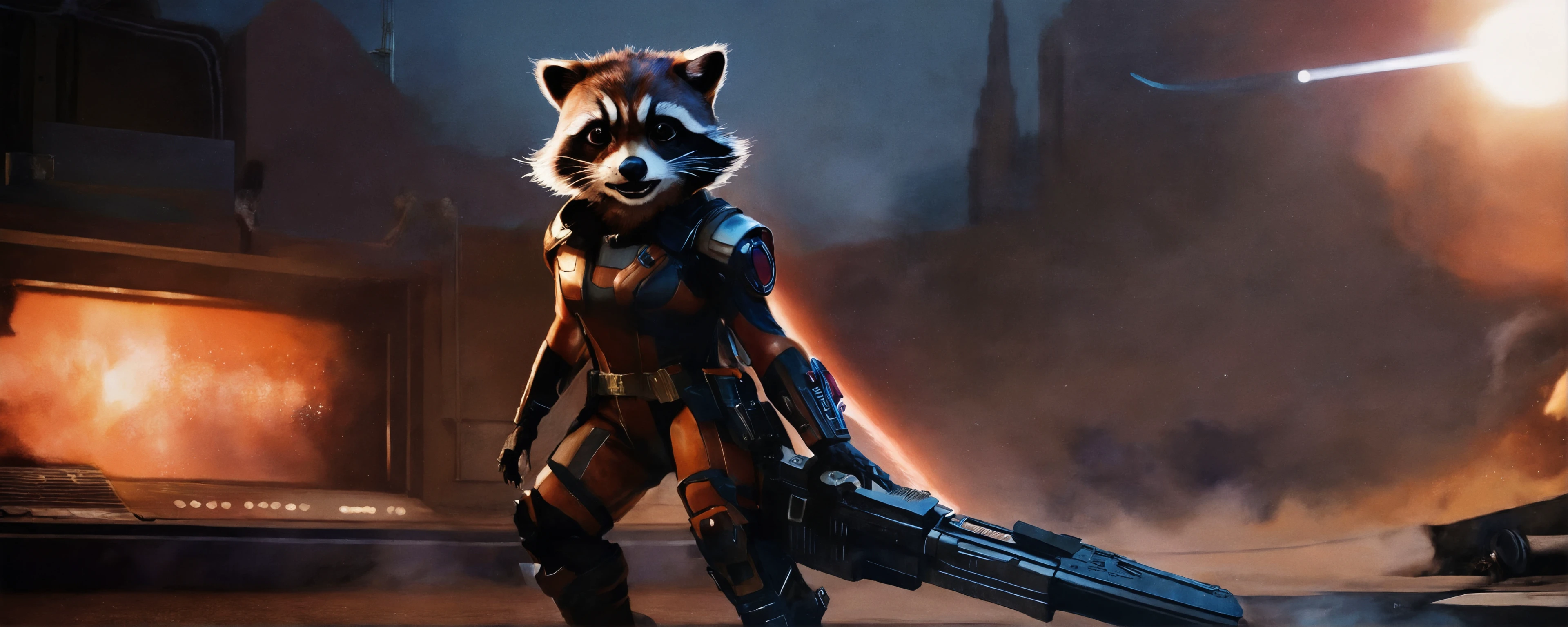 rule of thirds, (cinematic film still:1.4), (embedding:SimplePositiveXLv2.safetensors:0.5), ( half body shot :1.1) of Rocket Raccoon, highly detailed, digital painting, artstation, standing, facing camera, concept art, smooth, sharp focus, illustration, art by artgerm and alphonse mucha, high definition digital art, dramatic lighting, in the style of ilya kuvshinov and Ross tran Vampire movie in style of Guy Ritchie, The picture is dominated by the beautiful Global illumination. Captured with a focus on the intricate details and textures.