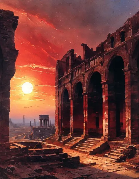 A view of a crumbling, ancient ruin in the middle of a deserted city. The sky is red and the sun is setting. The ruin is surrounded by scarlet color palette. There are white sketch lines in the foreground, as if someone is sketching the scene.