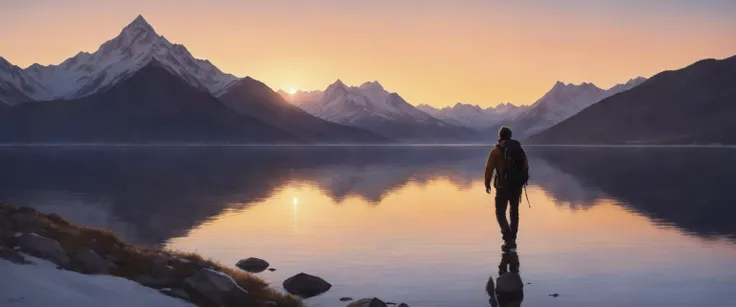 A majestic mountain range with snow-capped peaks, illuminated by the golden light of the sunrise. The mountains are reflected in a calm and crystal-clear lake. In the distance, a man with a backpack and a camera is hiking towards the mountains. The man is Dennis Velleneuve, a renowned photographer and adventurer, who is capturing the beauty of the landscape in his signature style, which is a blend of Vancouver School and BU Artist Senior Artist.