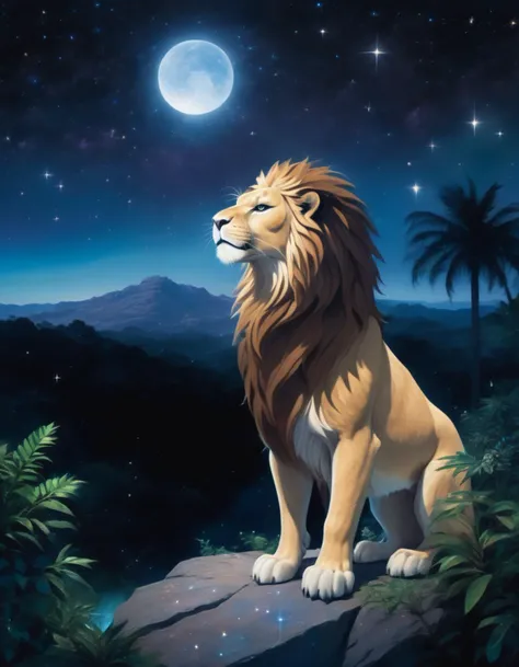 A majestic lion with a thick mane, standing on a rocky outcropping in a lush jungle. The lion is looking up at the starry sky. There is a plant in the foreground, illuminated by moonlight. The jungle is bathed in a soft blue light.