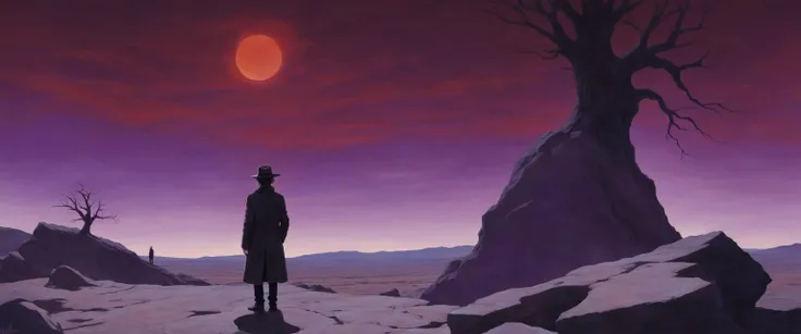 A surreal landscape with a man resembling Thom Yorke, lost in thought, standing on a rocky outcropping in the middle of a barren wasteland. The sky is a deep shade of purple, and in the distance, there is a massive, twisted tree with a face carved into its trunk. The man is wearing a long coat and a fedora hat, and he is holding a guitar.
