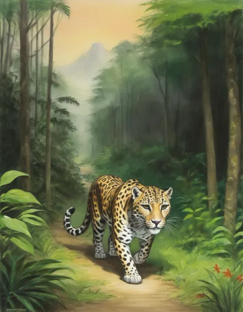 A leopard is walking through a jungle. The jungle is lush and green. The leopard is looking for prey. There are other animals in the background, such as monkeys and birds.