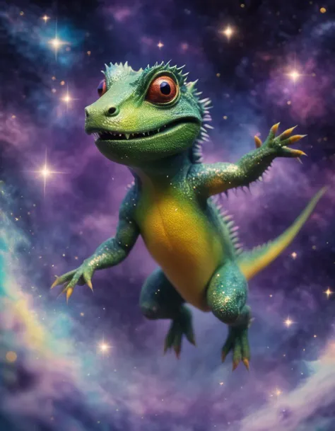 A 3D character of a curious forest spirit lizard, flying around in a cinematic photo photorealistic colorful microscopy shot. The lizard is surrounded by shimmering dust and pollen clouds, with a transformed universe in the background. The scene has tilt-shift effects, including subsurface scattering, soft-body physics, and cloth physics. The image is highly detailed, with a professional and inviting style, and is well-lit and high-resolution. The scene is property-focused and commercial, with a focus on highly detailed and colorful elements.