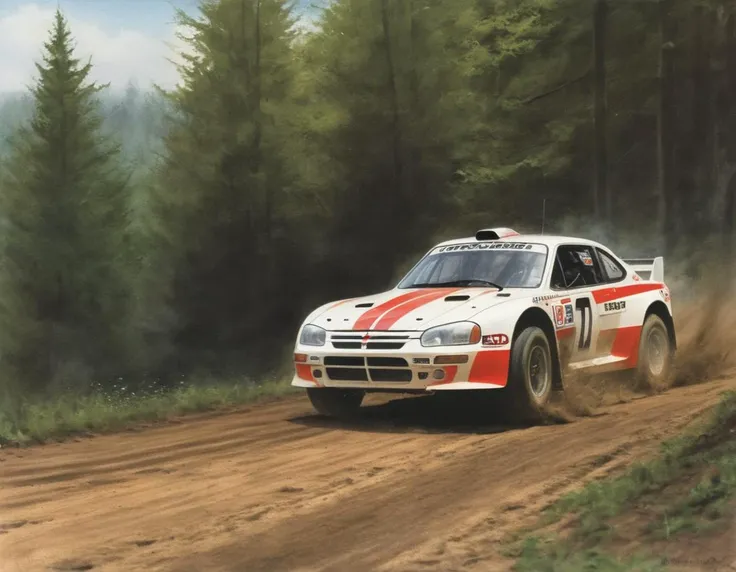 A rally car with a red and white racing stripe. It is driving through a dirt road surrounded by trees. The driver is wearing a helmet and a racing suit. The car is covered in mud.