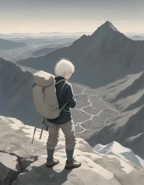 An albino man with a backpack and a map is standing on the summit of a mountain. The vista is breathtaking, with rugged terrain and soaring heights. The monochromatic pattern is a rocky landscape with shades of gray and white.