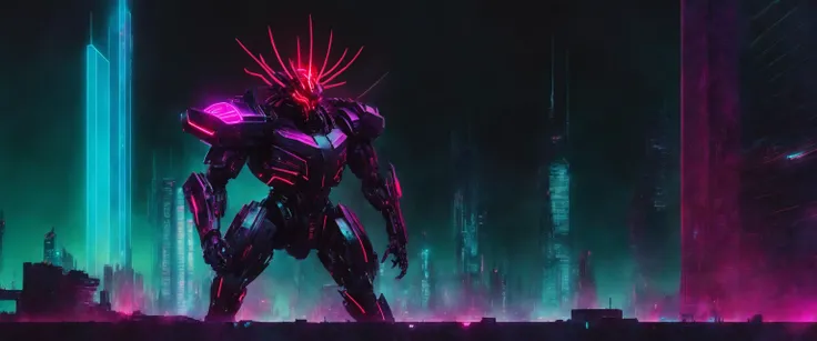 A majestic cyber-punk creature with a sleek, metallic body and glowing red eyes. It is standing in a dark, cyber-punk cityscape with neon lights and towering skyscrapers. The creature is holding a cybernetic weapon in its hand. The artist is Francisco Zúñiga.