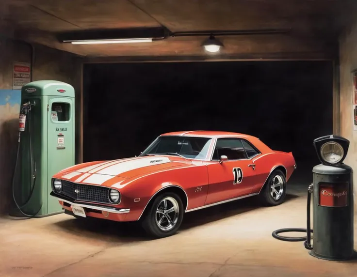 A red 1967 Chevrolet Camaro with a white racing stripe down the middle. The car is parked in a garage with a vintage gas pump and a classic car magazine on the floor. The garage is dimly lit with a single light bulb hanging from the ceiling.