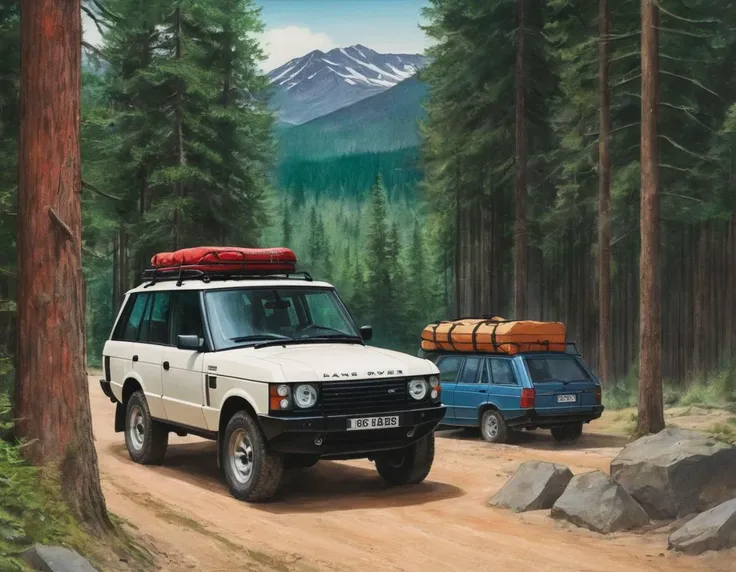 A Range Rover parked on a dirt road in the middle of a forest. The car is red and has a roof rack with camping gear. There is a river in the background.