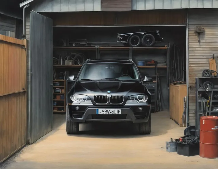 A black BMW X5 parked in a garage. The garage door is open and there is a car lift in the background. The car is surrounded by tools and car parts.