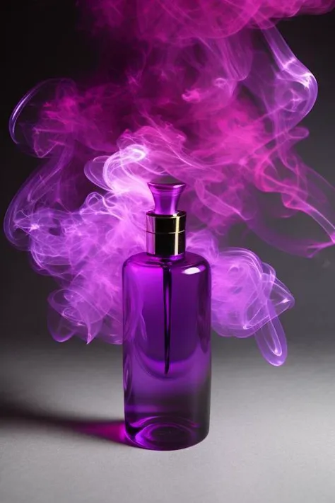 perfume bottle made of purple smoke <lora:Smoke:0.8> crimson background