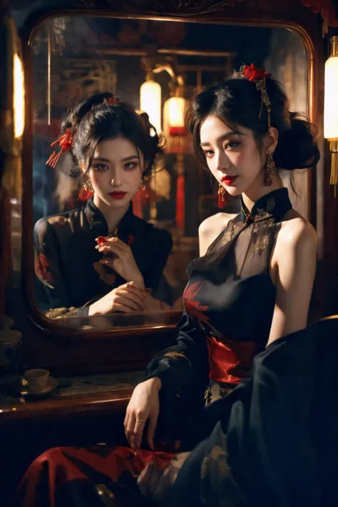 1girl,<lora:è±æ ·å¹´å:0.7>,china_dress,elegant,mature female,sexy,lazy,jewelry,dark theme,<lora:epiNoiseoffset_v2:0.8>,<lora:LowRA.V2:0.6>,dark theme,night,dim lighting,holding a black cat,black mink woolen shawl,branch,mist,fog,pale skin,(evil smile:1.1),disdain,contempt,<lora:Smoke:0.8>,smoke,(mirror:1.2),looking_at_mirror,