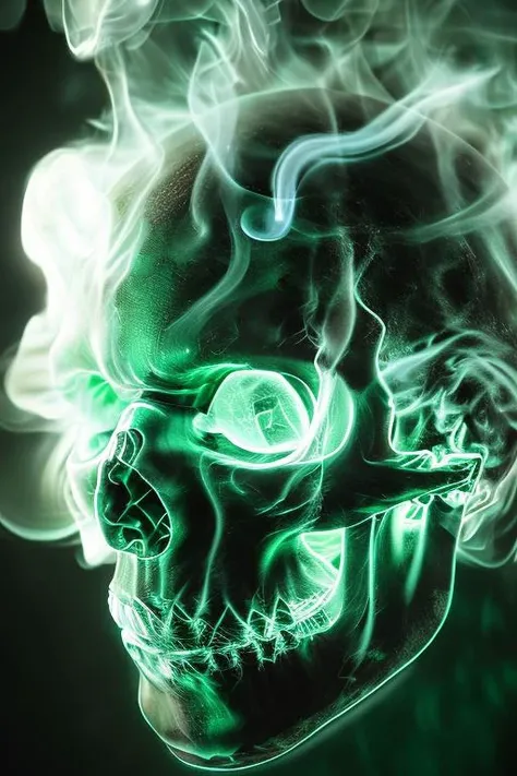 dark background, masterpiece, octane render, best quality, uhd, hdr, 8k, 3d model, ray traced, unreal engine, RAW digital photo of a ((glowing nuclear green:1.2) smoke:1.1)) skull, ultra detailed, Fujifilm XT3, sharp focus, hard lighting, lit from below, dark shadows, subtle light reflections
<lora:Smoke:0.8>