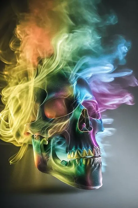 dark background, masterpiece, octane render, best quality, uhd, hdr, 8k, 3d model, ray traced, unreal engine, RAW digital photo of a ((rainbow colored:1.2) smoke:1.1)) skull, ultra detailed, Fujifilm XT3, sharp focus, hard lighting, lit from below, dark shadows, subtle light reflections
<lora:Smoke:0.8>