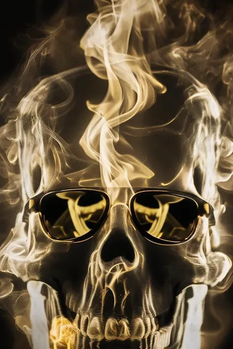 dark background, masterpiece, octane render, best quality, uhd, hdr, 8k, 3d model, ray traced, unreal engine, RAW digital photo of a (fiery smoke) (skull:0.9) wearing reflective sunglasses, ultra detailed, Fujifilm XT3, sharp focus, hard lighting, lit from below, dark shadows, subtle light reflections
<lora:Smoke:0.8>