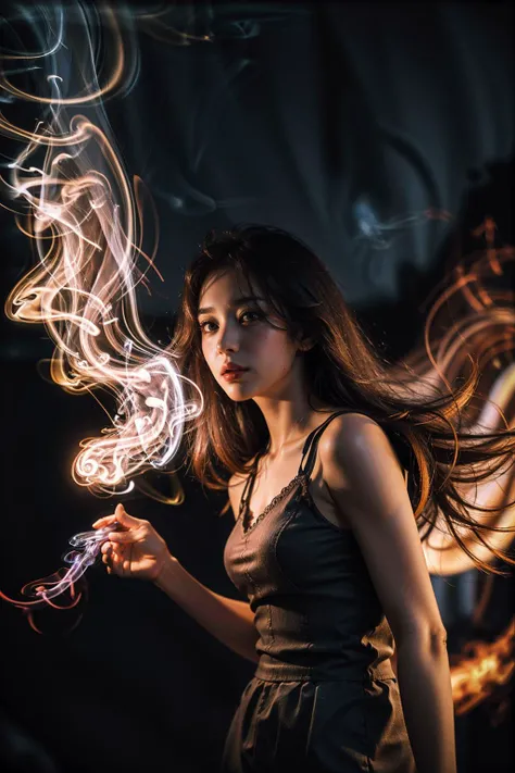 Best quality, masterpiece, ultra high res, raw photo, beautiful and aesthetic,deep shadow, dark theme,(photorealistic:1.4),
((1girl,1 dragon of orange fire smoke)),
<lora:Smoke:0.9>