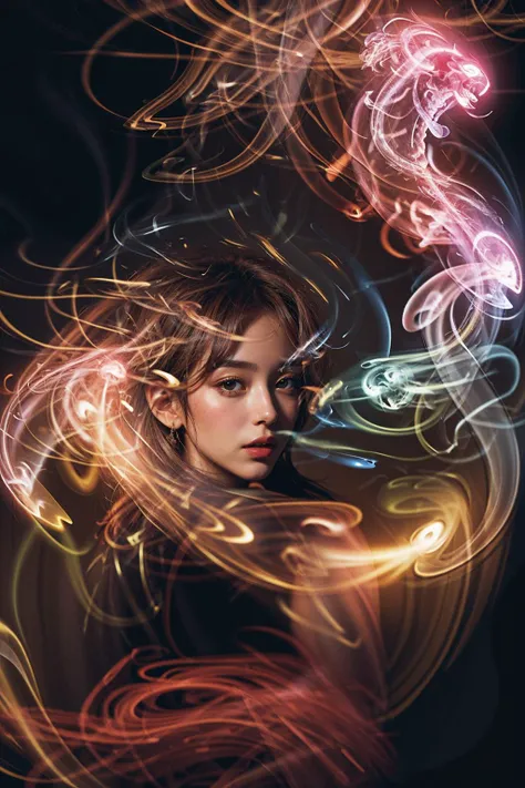Best quality, masterpiece, ultra high res, raw photo, beautiful and aesthetic,deep shadow, dark theme,(photorealistic:1.4),
((1girl, dragon from pink smoke)), ((smoke)),
<lora:Smoke:0.9>