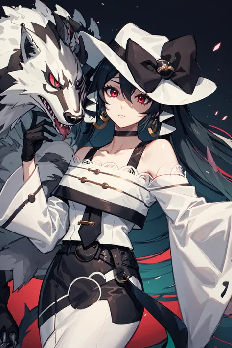 (masterpiece, best quality, highres, ultra detailed:1.2), (solo, 1girl, cowboy shot), akumiku, hat, jewelry, earrings, twintails, necktie, very long hair, gloves, choker, dress, bare shoulders, belt, long sleeves, red eyes, BREAK, serious expression, close-up, BREAK, night, city, nighttime, dark, pokemon \(creature\), (Obstagoon) <lora:mikudark:0.8>