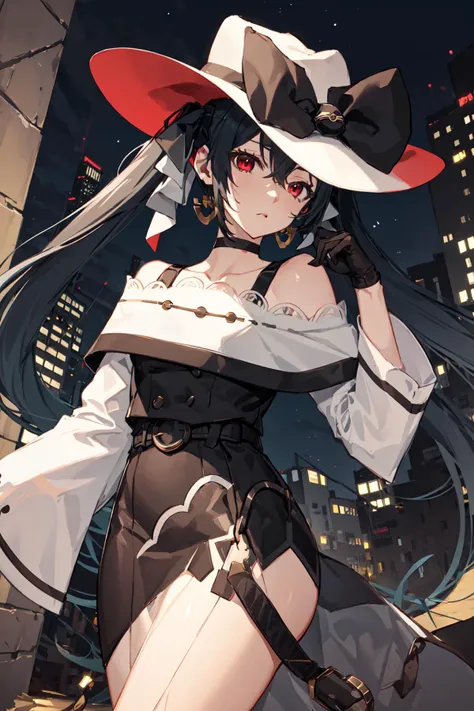 (masterpiece, best quality, highres, ultra detailed:1.2), (solo, 1girl, cowboy shot), akumiku, hat, jewelry, earrings, twintails, necktie, very long hair, gloves, choker, dress, bare shoulders, belt, long sleeves, red eyes, BREAK, serious expression, close-up,  BREAK, night, city, nighttime, dark, pokemon \(creature\) <lora:mikudark:0.8>