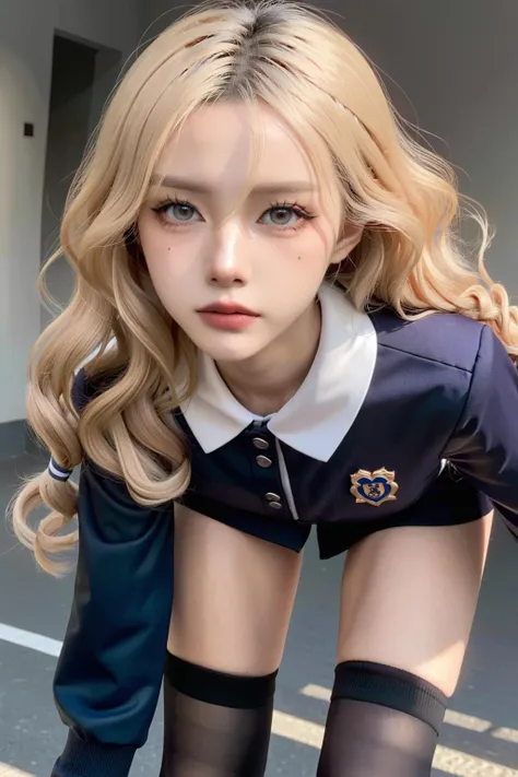 best quality,highres,Cinematic Lighting,photo_(medium),
1girl,solo,standing,upper_body,close-up,face_focus,from_below,looking_at_viewer,long_curly_hair,blonde,makeup,eyelashes,detailed_iris,perfect_skin,cropped_school_uniform,loafers,kneehighs,see-through,navel,thighs,
<lora:charm_XL-000004:1:1:lbw=XLFace>,