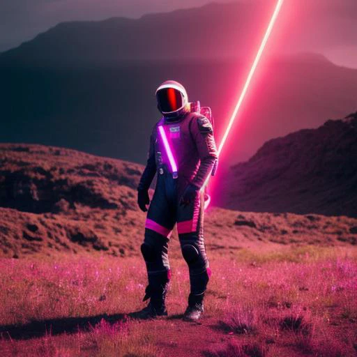 neon-ground-astronaut scifi style,a human male man figure in astronaut suit in field,helmet glowing pink, dynamic lighting, atmosphere lighting, hyper detail features, ray tracing, high flare, 3D, cinematic lighting, dark shadows, unrealistic Engine 5 rendering, hyper detail,trending on artstation, 4k,extremely high details, ultra hd, hdr, 8k, extremely high details
