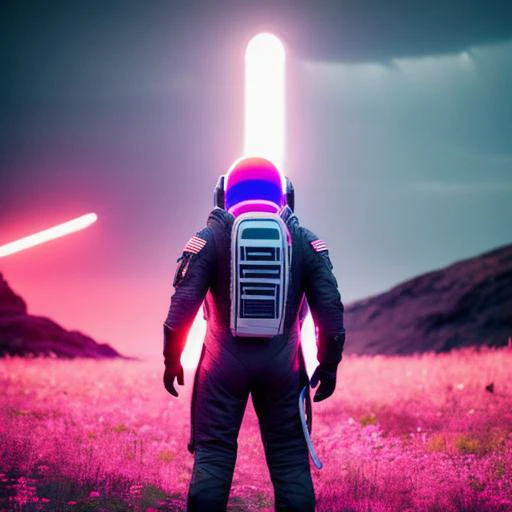 neon-ground-astronaut scifi style,a human male man figure in astronaut suit in field,helmet glowing pink, dynamic lighting, atmosphere lighting, hyper detail features, ray tracing, high flare, 3D, cinematic lighting, dark shadows, unrealistic Engine 5 rendering, hyper detail,trending on artstation, 4k,extremely high details, ultra hd, hdr, 8k, extremely high details