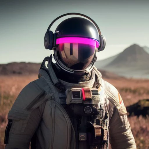 neon-ground-astronaut scifi style,a human male man figure in astronaut suit in field,helmet glowing pink, dynamic lighting, atmosphere lighting, hyper detail features, ray tracing, high flare, 3D, cinematic lighting, dark shadows, unrealistic Engine 5 rendering, hyper detail,trending on artstation, 4k,extremely high details, ultra hd, hdr, 8k, extremely high details