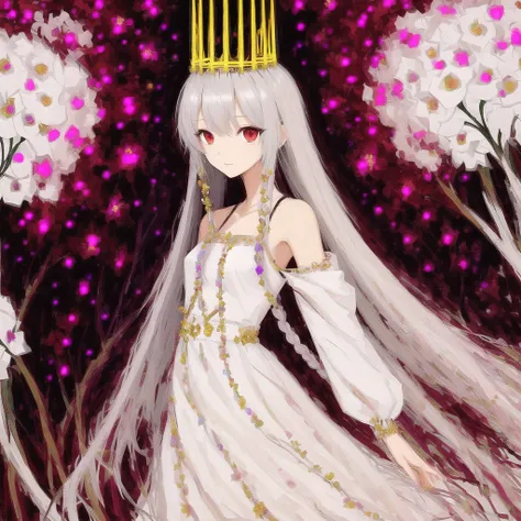 <lora:oilprin:1> , oilprin, 1girl, bangs, bare shoulders, braid, closed mouth, clothing cutout, crown braid, dress, eyebrows visible through hair, flower, hair flower, hair ornament, highres, long hair, long sleeves, looking at viewer, rose, shoulder cutout, silver hair, smile, solo, upper body, violet eyes, white dress, white flower, white rose, wide sleeves