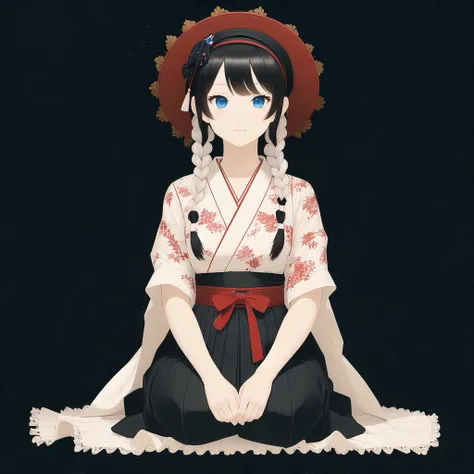 <lora:whytcat:1.0>, starry background, bamboo, black hair, blue eyes, blue hair, braid, hat, hime cut, japanese clothes, kimono, long hair, long skirt, multiple girls, ponytail, red eyes, silver hair, sitting, skirt
