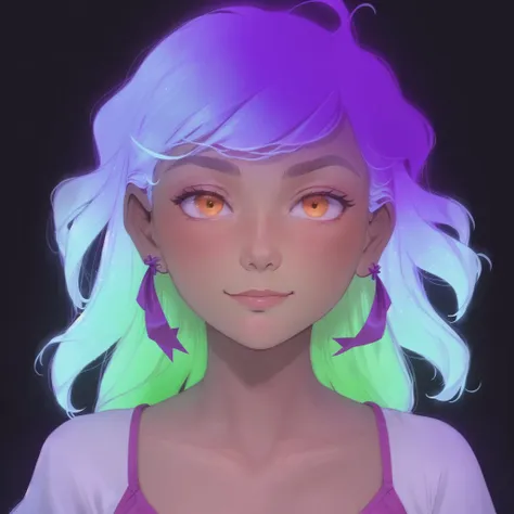 <lora:glowhair:1> , glowing, 1girl, ahoge, bangs, border, closed mouth, cropped torso, eyebrows visible through hair, gradient hair, green hair, hair between eyes, highres, long hair, looking at viewer, mu \(nemunemu moo\), multicolored hair, neck ribbon, orange eyes, pink background, purple ribbon, ribbon, shirt, smile, solo, white border, white shirt