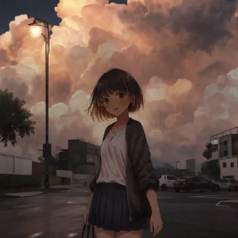 <lora:natsu_ichi2:1> , natsu,
<lora:anime_irl:1>, anime_irl, a building with a light on at night time with a street light in front of it and a dark sky, 1girl, bangs, black hair, black legwear, black shirt, black skirt, blunt bangs, building, cityscape, clouds, cloudy sky, day, down jacket, expressionless, feet out of frame, grey eyes, jacket, kgt \(pixiv12957613\), lamppost, looking at viewer, off shoulder, on roof, open clothes, open jacket, open mouth, outdoors, parking lot, red jacket, rooftop, scenery, shadow, shirt, skirt, sky, sleeves past wrists, solo, standing, sunlight
