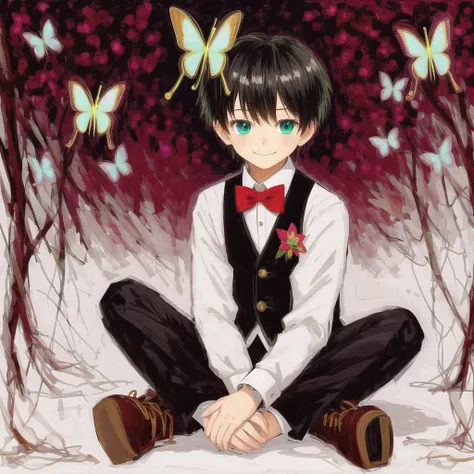 <lora:oilprin:1> , oilprin, 2boys, albino \(a1b1n0623\), alternate costume, alternate hairstyle, bangs, black hair, blue eyes, bow, bowtie, bug, butterfly, chain, facial hair, formal, gloves, green eyes, grey hair, hair slicked back, hands together, highres, insect, long sleeves, male focus, multiple boys, mustache, necktie, open mouth, parted bangs, shiny, shiny hair, sitting, smile, upper body, vest, white background