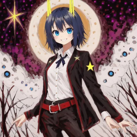 <lora:oilprin:1> , oilprin, 1girl, :d, black jacket, blue eyes, blue hair, chest belt, clouds, crazy eyes, crazy smile, dark clouds, grey sky, halo, highres, horns, jacket, looking at viewer, roman numeral, shaded face, shirt, sky, slit pupils, smile, solo, star \(sky\), starry sky, white shirt