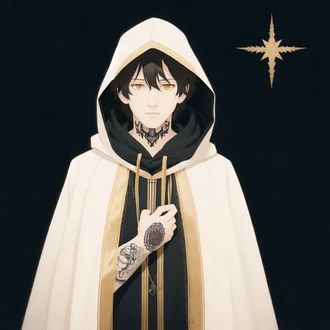 <lora:whytcat:1.0>, starry background,  1boy, arm tattoo, bangs, black hair, brown hair, character name, cloak, english text, from behind, hair between eyes, highres, hood, hood up, hooded cloak, long hair, looking at viewer, male focus, multicolored hair, open mouth, ponytail, simple background, solo, tattoo, white background, white cloak, yellow eyes, zahravoca \(annpratamav\)