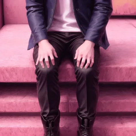 <lora:angy:1> , angy, 1boy, arm at side, arm out of sleeve, bangs, between legs, black footwear, black pants, black shirt, blue jacket, blurry, boots, dated, depth of field, hand between legs, jacket, knee boots, knee up, looking away, male focus, orange background, pants, red eyes, sacog, shirt, sitting, sleeves pushed up, solo, uniform, white hair