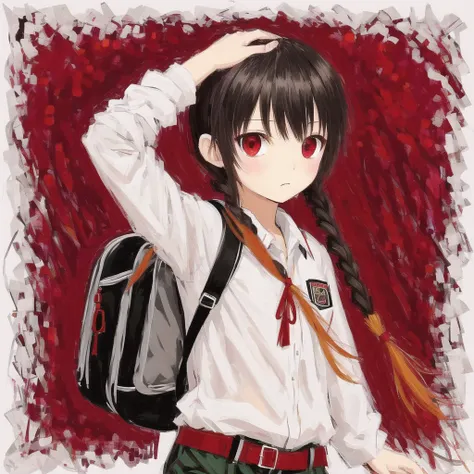 <lora:oilprin:1> , oilprin, 1girl, arms behind head, arms up, backpack, bag, black bow, black hair, bow, braid, brown shorts, closed mouth, collared shirt, cowboy shot, grey shirt, highres, long hair, long sleeves, looking at viewer, randoseru, red eyes, shirt, short shorts, shorts, simple background, single braid, solo, white background