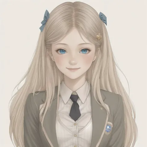 <lora:alice2:1.0>, 1girl, alternate costume, blazer, blonde hair, blue eyes, blush, breasts, cleavage, hair ornament, highres, jacket, large breasts, long hair, looking at viewer, mainichi compile heart, school uniform, smile, solo, very long hair