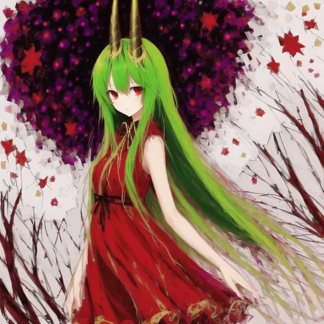 <lora:oilprin:1> , oilprin, dress, green hair, highres, horn ribbon, horns, long hair, red eyes, ribbon, solo, tail