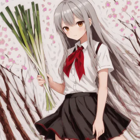 <lora:oilprin:1> , oilprin, 1girl, black serafuku, black skirt, brown eyes, cowboy shot, grey neckwear, highres, kikuzuki \(kancolle\), long hair, neckerchief, sakieko, school uniform, serafuku, silver hair, simple background, skirt, solo, sparkle, spring onion, white background