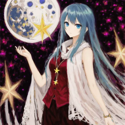 <lora:oilprin:1> , oilprin, blue eyes, blue hair, bust, butterfly, full moon, hair rings, moon, night, shawl, short hair, solo, star \(sky\), vest
