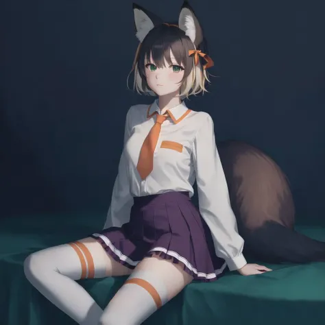 <lora:alone2:1>, 1girl, animal ears, bangs, bell, blonde hair, blush, brown collar, closed mouth, collar, eyebrows visible through hair, fox ears, fox girl, fox tail, green background, green shirt, hair bun, hair ornament, hands up, highres, jingle bell, long sleeves, neck bell, necktie, orange necktie, pleated skirt, purple skirt, ribbon-trimmed legwear, ribbon trim, shirt, simple background, skirt, sleeves past fingers, sleeves past wrists, solo, tail, thigh-highs, violet eyes, white legwear